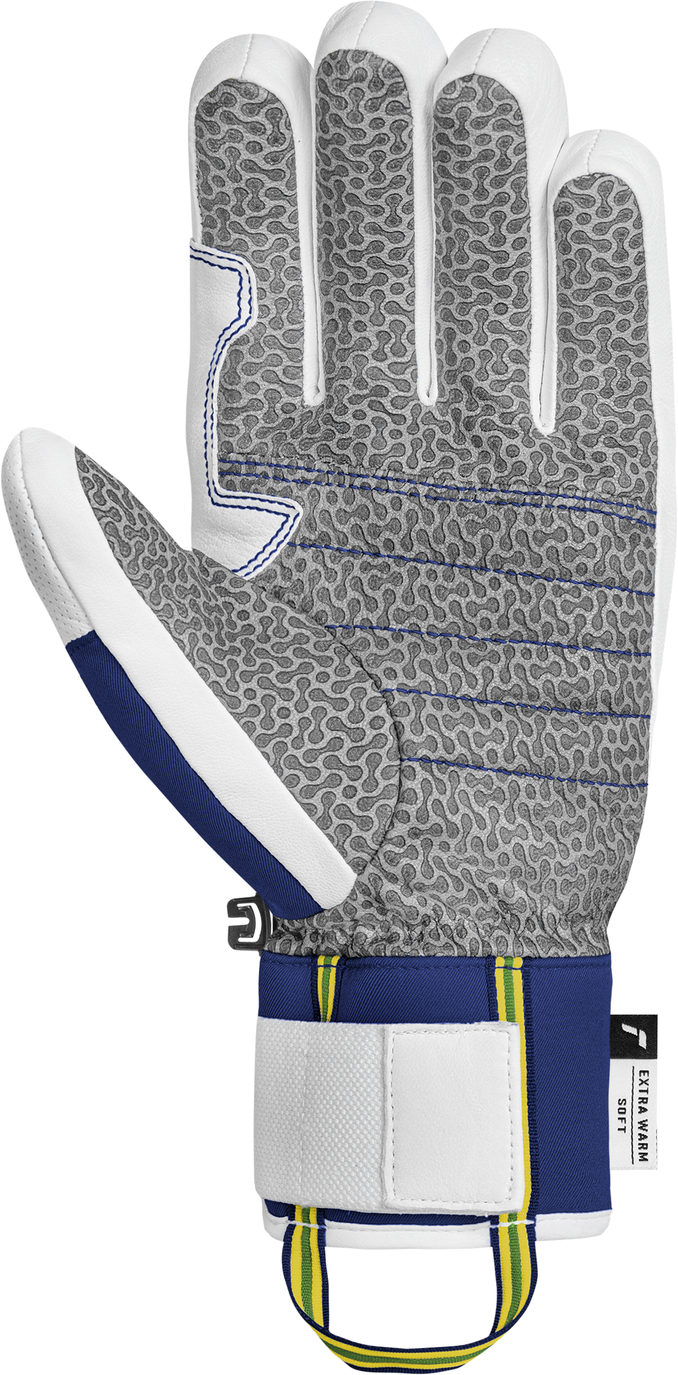 Man sieht einen weissen Handschuh mit grauem Muster, blauen Akzenten und einem Handgelenksband mit gelben und grünen Streifen.