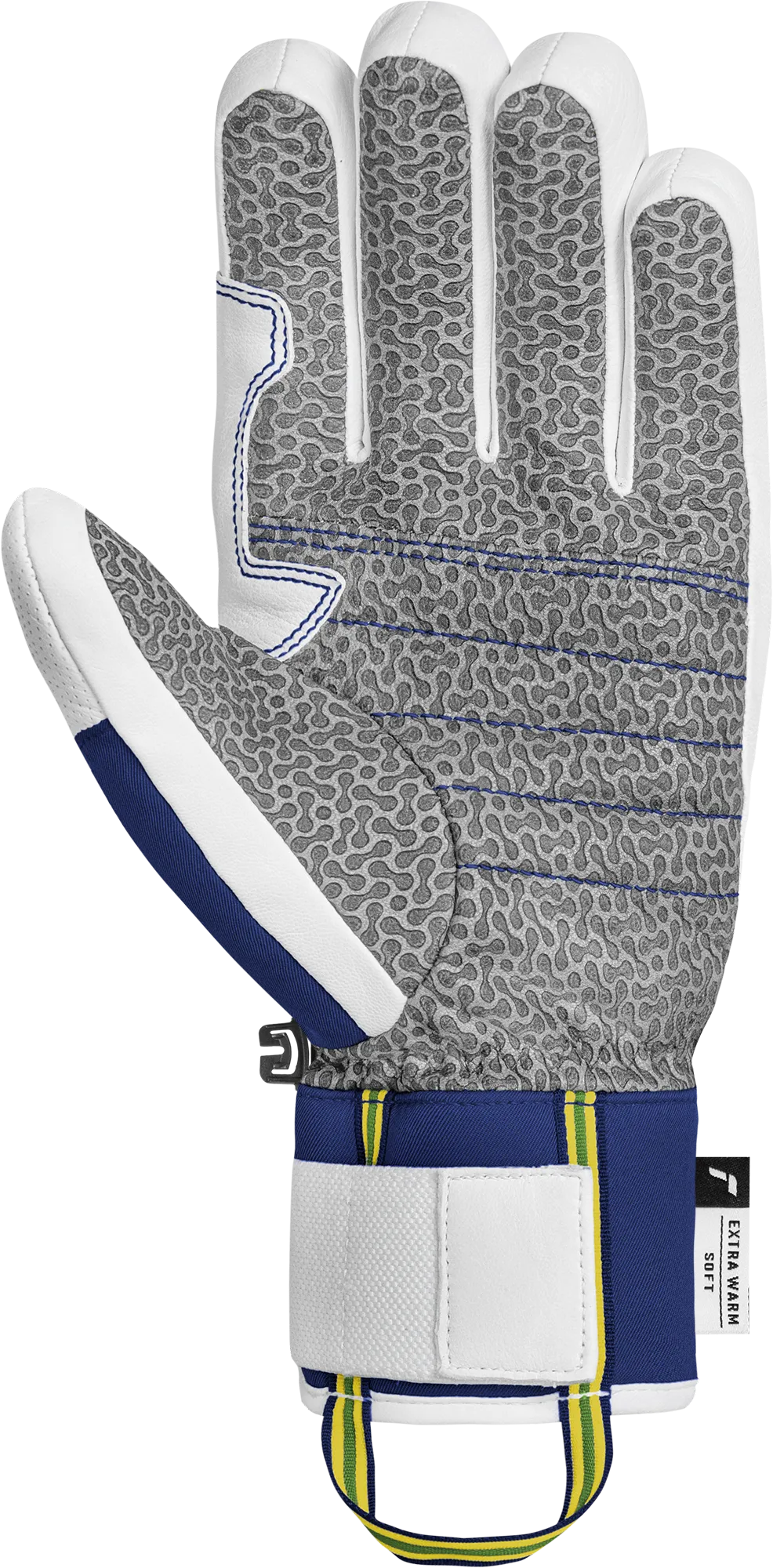 Man sieht einen weissen Handschuh mit grauem Muster, blauen Akzenten und einem Handgelenksband mit gelben und grünen Streifen.