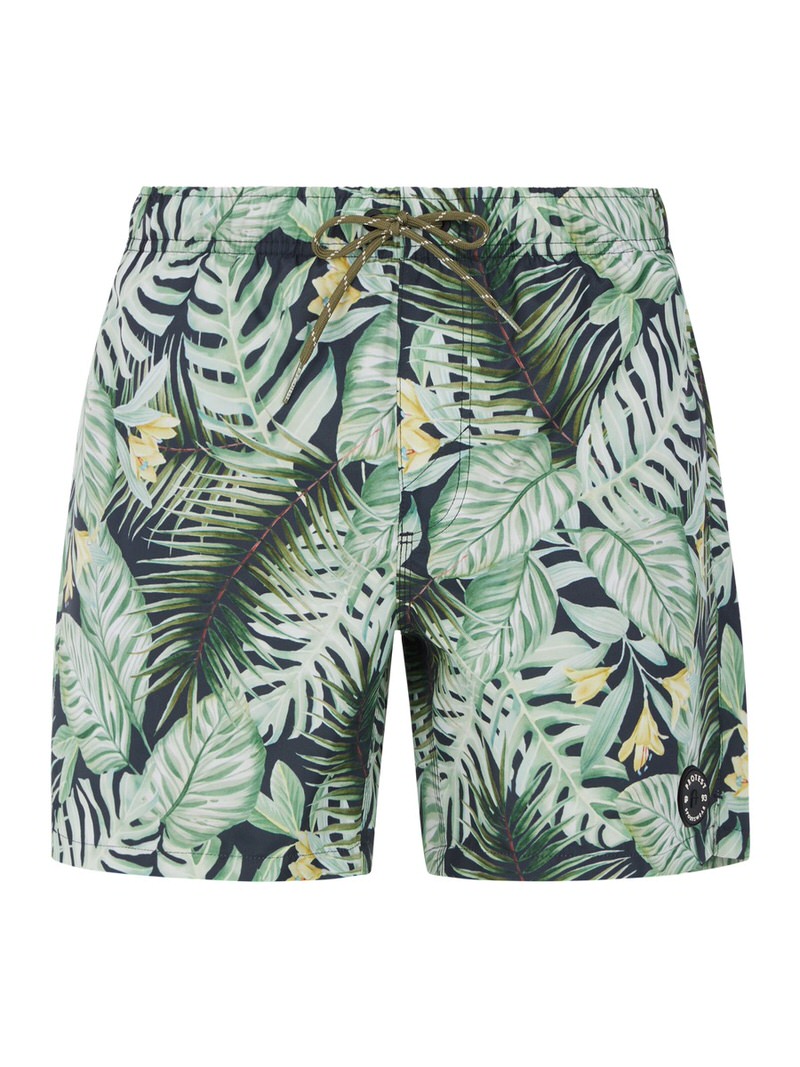 Badeshorts PRTGLORY in Grün mit tropischem Blättermuster, elastischem Bund und Kordelzug.