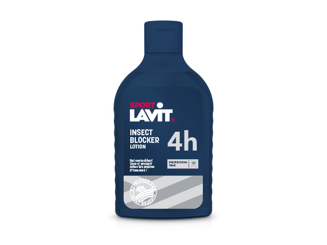 Insektenblocker Lotion Dunkelblaue Flasche Sport-Lavit Insect Blocker Lotion mit weißer Schrift, die Schutz vor Insekten verspricht.
