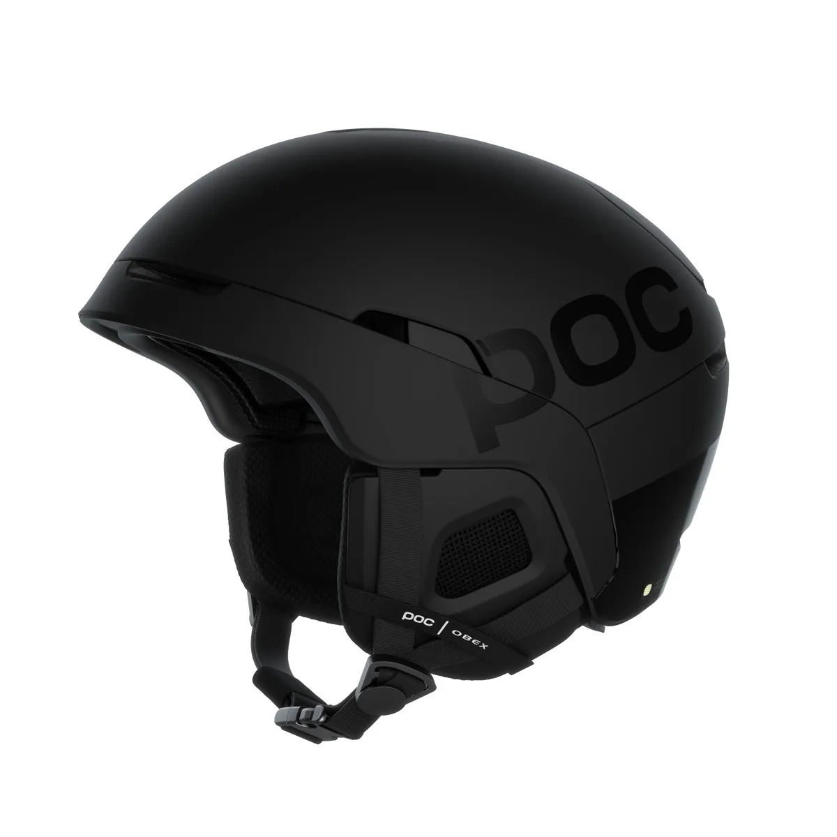 Schwarzer Skihelm `Poc Obex BC Mips` mit Belüftung und Ohrenschützern, seitliche POC Beschriftung, Kinnriemen sichtbar.