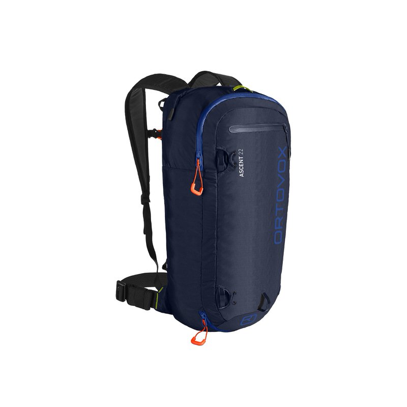 Ortovox Ascent 22 Rucksack Dunkelblauer Ortovox Ascent 22 Rucksack mit schwarzen Trägern und orangenen Reißverschlüssen vor neutralem Hintergrund.