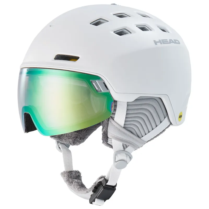 Weißer Skihelm Head Rachel 5K Photo Mips mit integriertem, grün getönten Visier und Belüftungslöchern.