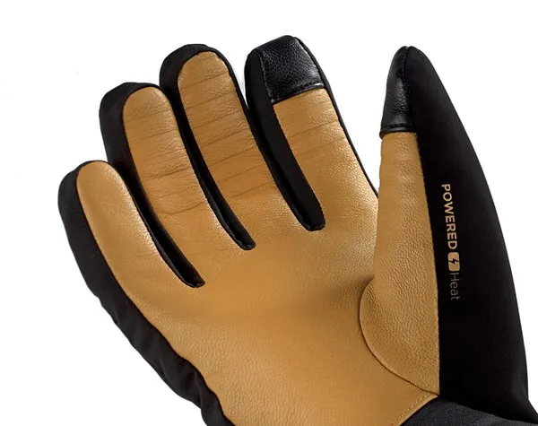 Nahaufnahme eines Therm-ic Power Gloves Skilight. Braunfarbende Handfläche, schwarze Fingerkuppen und "Powered Heat" Aufdruck.
