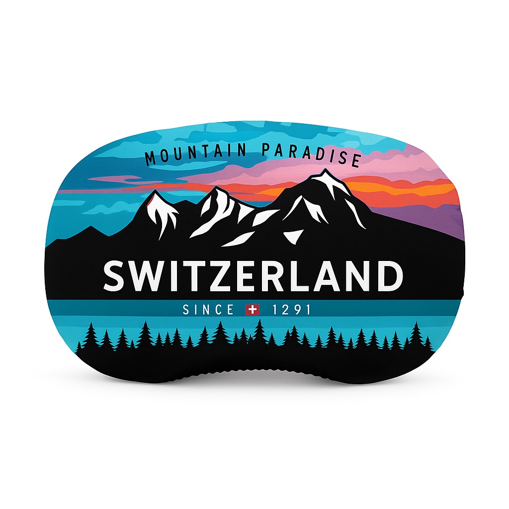 Stylisiertes Logo von Bergen vor farbigem Himmel, mit dem Schriftzug "Switzerland", "Mountain Paradise" und "Since 1291".