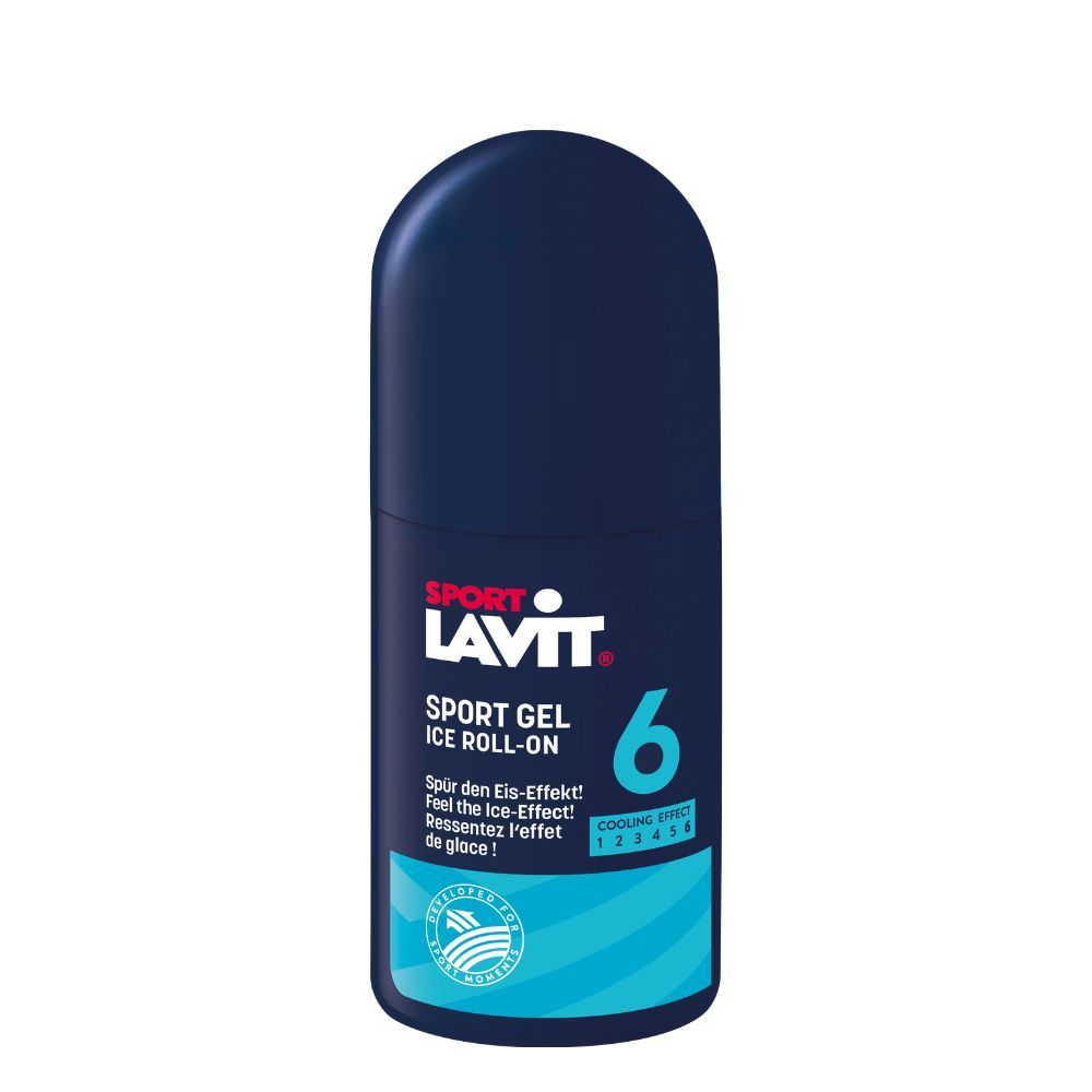 Dunkelblaue SPORT LAVIT Sportgel Ice Roll-on Verpackung mit weißer Schrift.