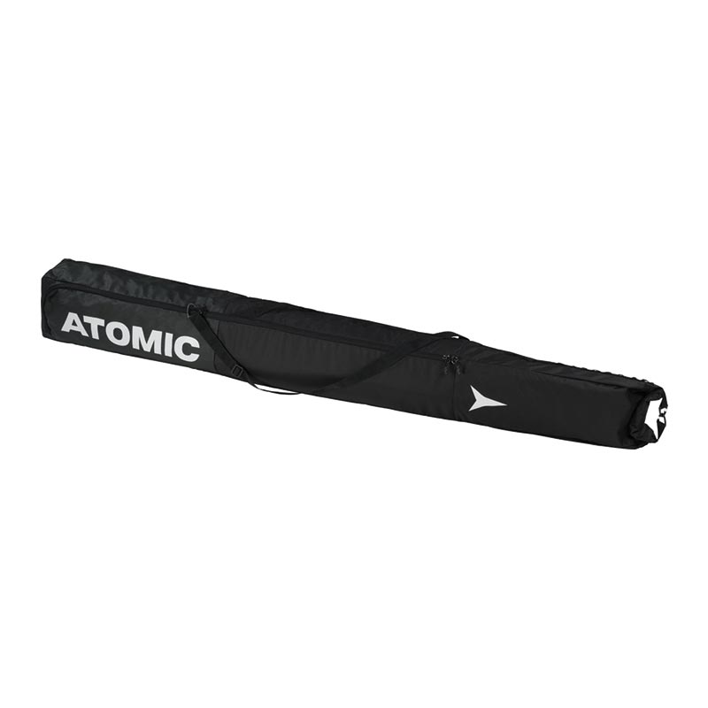 Schwarzer Atomic Single Skisack, seitlich liegend, mit Tragegurt und Logos.