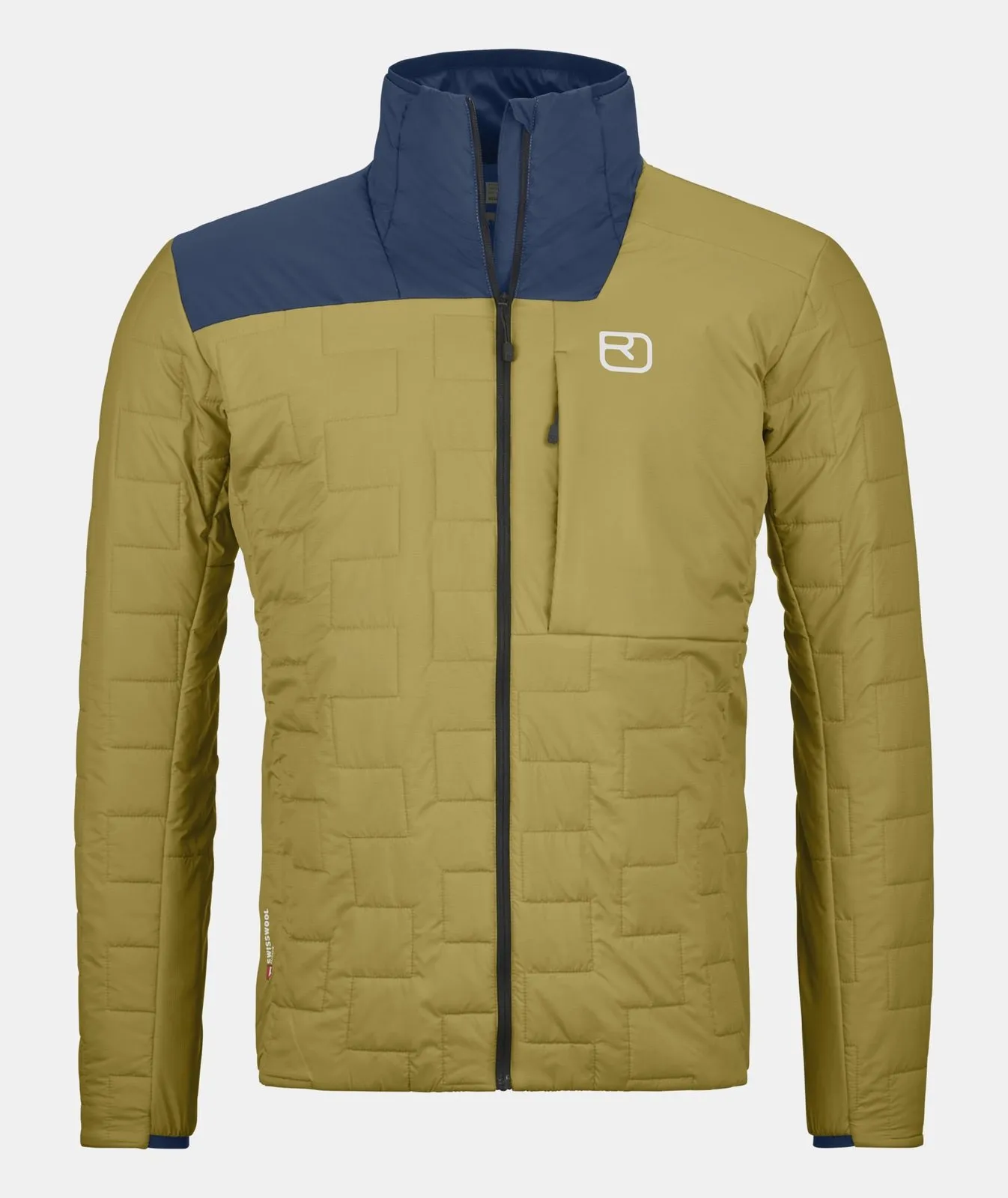 Olive Swisswool Piz Segnas Jacke mit blauem Kragen und gestepptem Muster, Frontansicht.