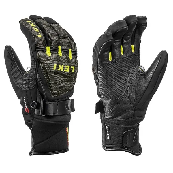 Zwei schwarze Leki Race Coach Skihandschuhe, Handflächen zeigen nach vorne. Gelbe Akzente und Markenlogo auf dem linken Handschuh.