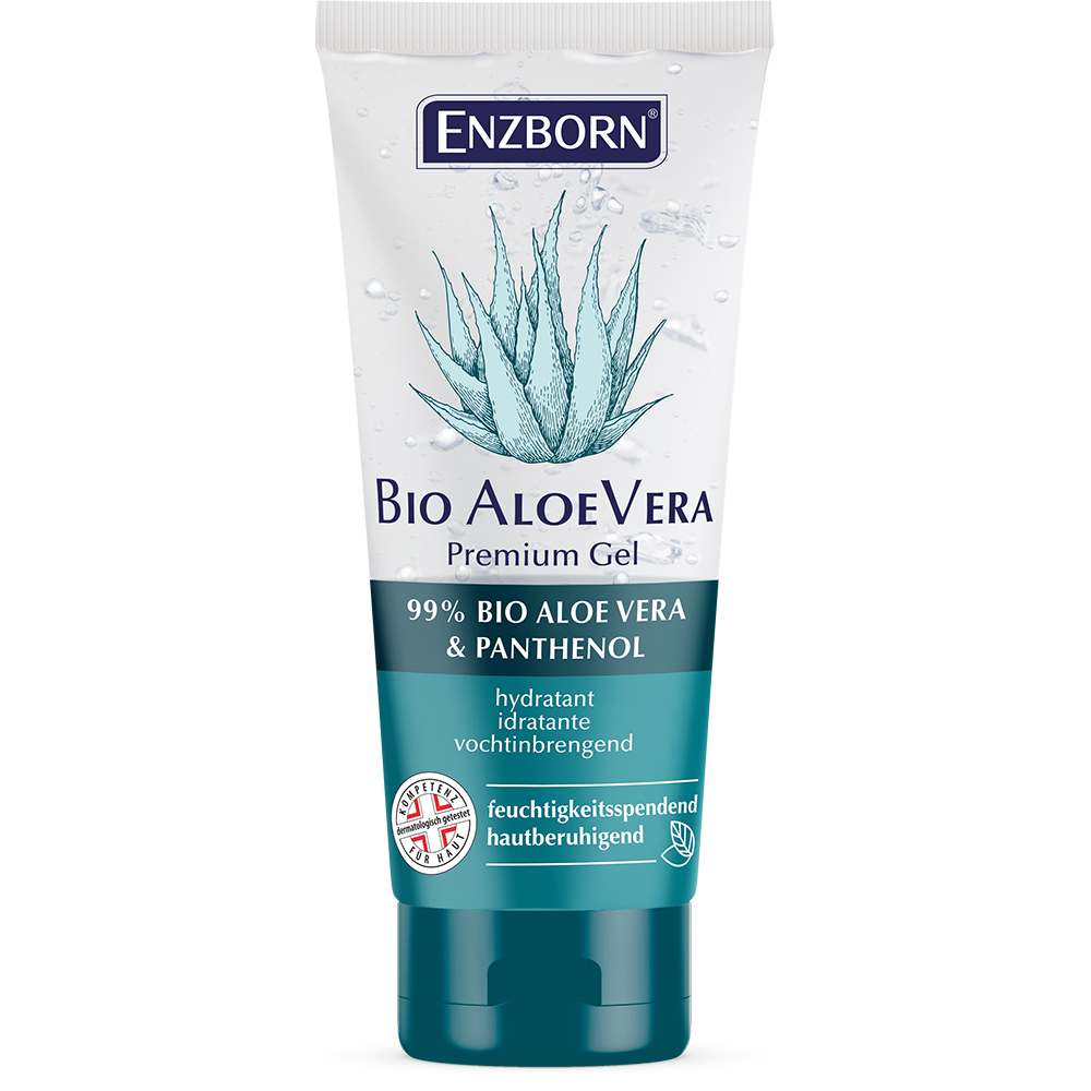 Enzborn Bio Aloe Vera Gel Eine Tube Enzborn Bio Aloe Vera Premium Gel mit Aloe Vera Pflanze und blauer Beschriftung auf weißem Hintergrund.