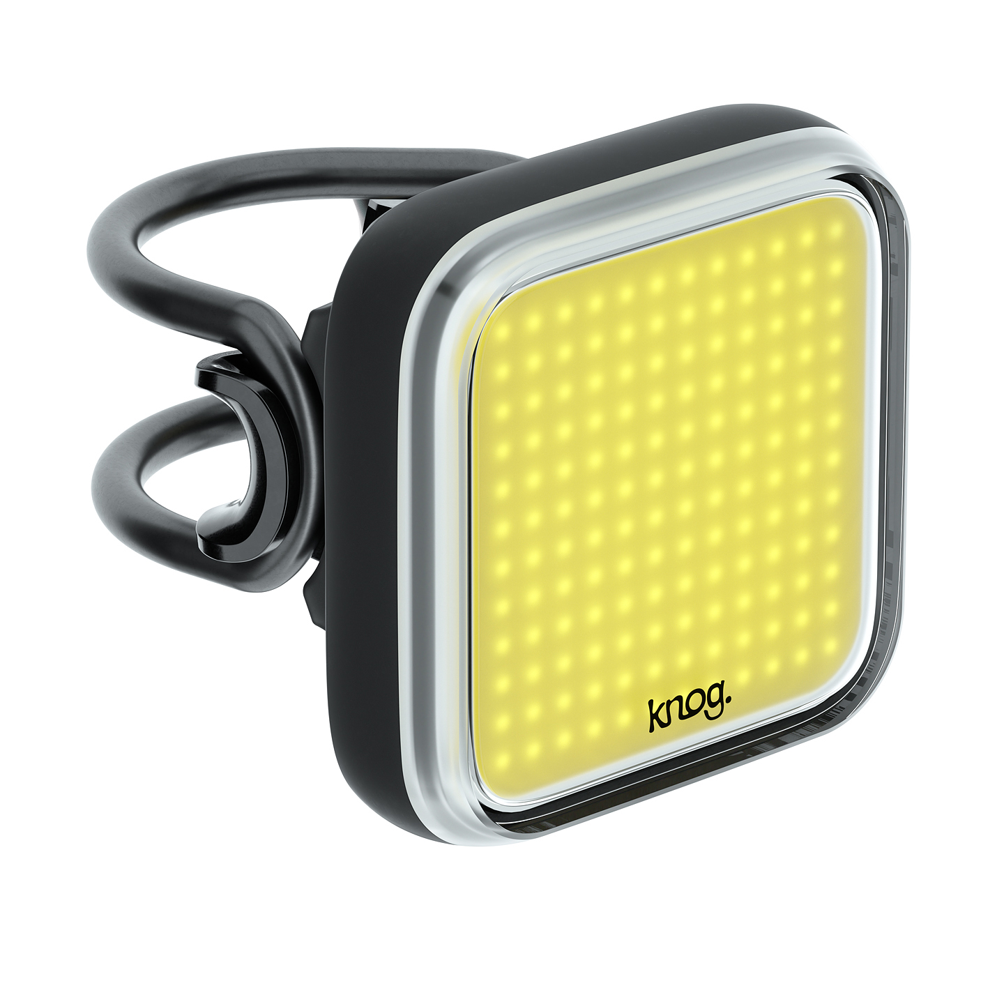 Nahaufnahme eines Knog Blinder X Fahrradlichts mit gelbem LED-Feld und Silikonband.