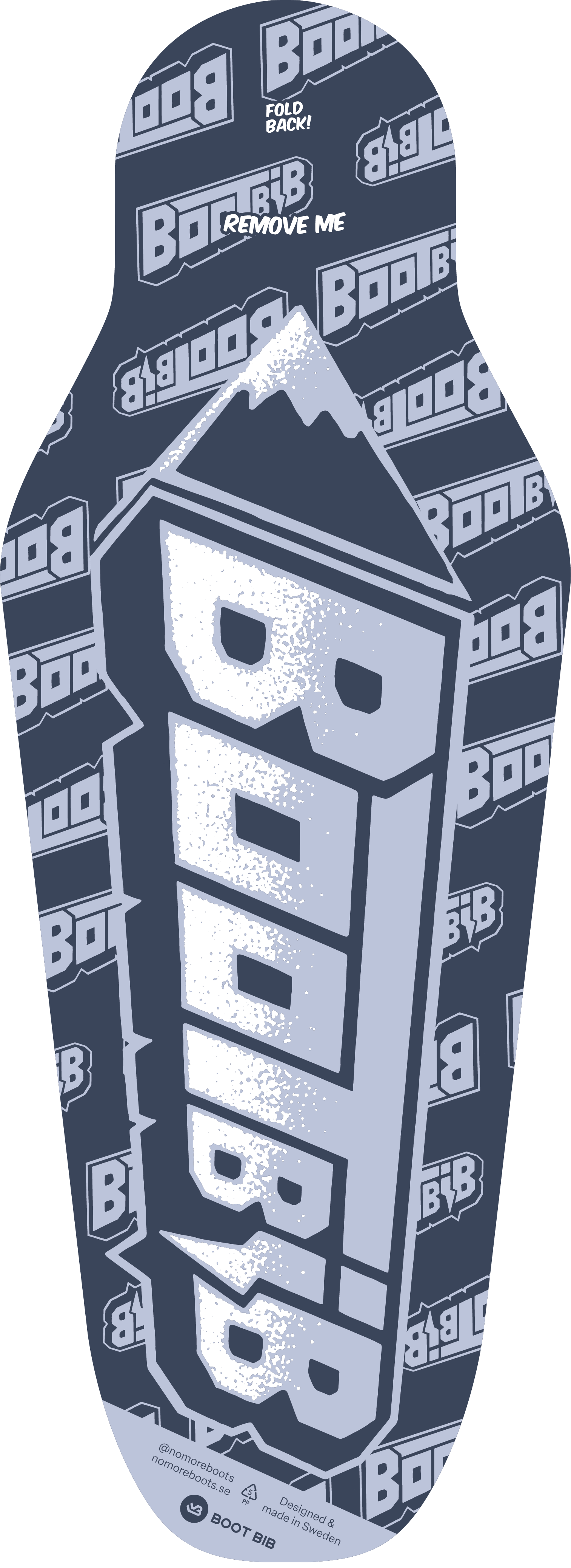 Blaues Boot-Bib mit "Boot Bib"-Schriftzug und Bergmotiv. Muster aus "Boot Bib"-Logos im Hintergrund. Das Produkt kommt aus Schweden.
