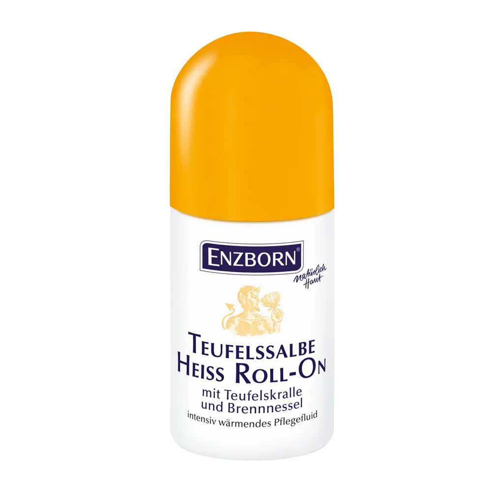 Teufelssalbe Roll-On Flasche Weiße Roll-On Flasche "Teufelssalbe Heiss" mit gelbem Deckel. Text und Logo in dunkler Schrift.