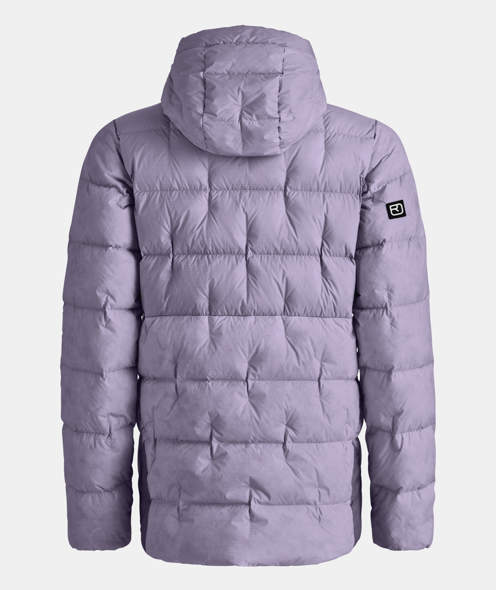 Lila Steppjacke mit Kapuze Lila Daunenjacke mit Kapuze, von hinten gesehen. Quadratische Steppung und Markenlogo am linken Ärmel.