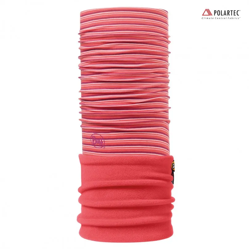 Schlauchschal: Gestreiftes, mikrofeines Polar Buff in Rot-, Rosa- und Weißtönen.
