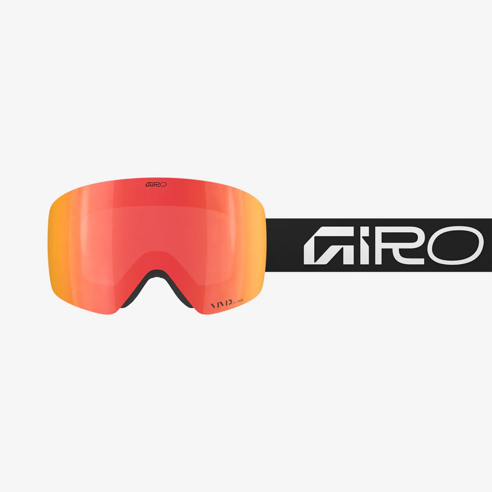Skibrille mit roter Linse und schwarzem Band, darauf der Markenname "GIRO" in Weiß.