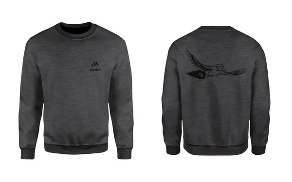 Graues Jones Surf Sweatshirt mit Logo vorn und Pelikan-Aufdruck hinten.