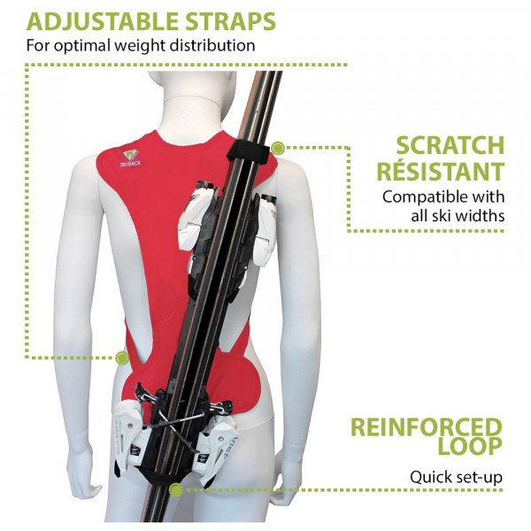 Skiback Kids: Roter Skiträger am Rücken einer Schaufensterpuppe mit montierten Skiern. Einstellbare Träger.