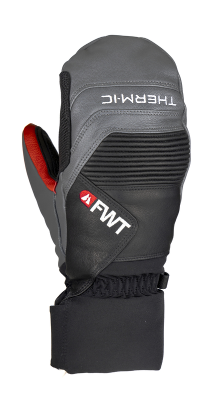 Grau-schwarzer Freeride Fäustling mit FWT Logo und Therm-ic Schriftzug. Details in Rot. Robustes Design.