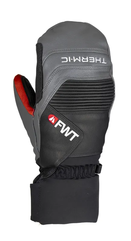 Grau-schwarzer Freeride Fäustling mit FWT Logo und Therm-ic Schriftzug. Details in Rot. Robustes Design.