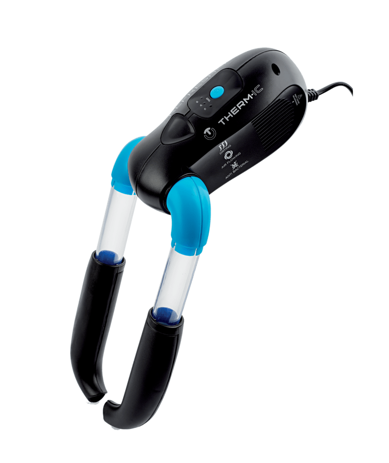 Schuhtrockner Thermic Refresher mit UV-Licht. Das Gerät ist schwarz mit blauen Rohren und Endstücken. Timer-Funktion und Kabel sind sichtbar.