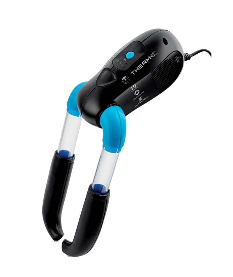 Schuhtrockner Thermic Refresher mit UV-Licht. Das Gerät ist schwarz mit blauen Rohren und Endstücken. Timer-Funktion und Kabel sind sichtbar.