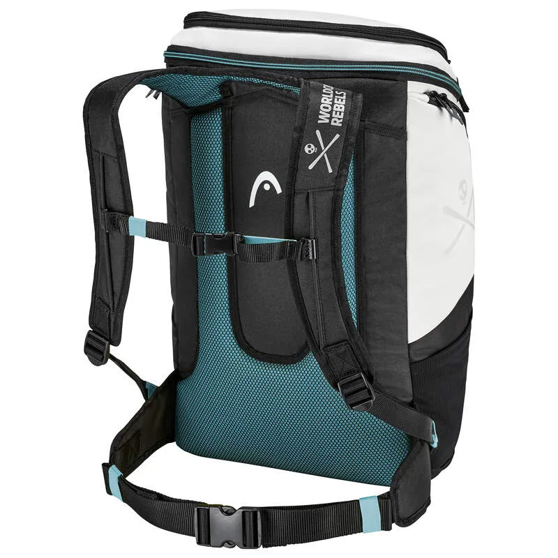 Rückansicht des Head Rebels Backpack in Schwarz, Weiß, Türkis mit Trägern und Hüftgurt.