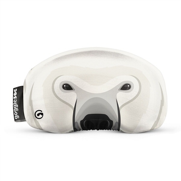 Eisbär-Skibrillenhülle Skibrillen-Schutzhülle mit Eisbär-Motiv, Frontansicht. Weißes Fell, schwarze Augen und Nase.