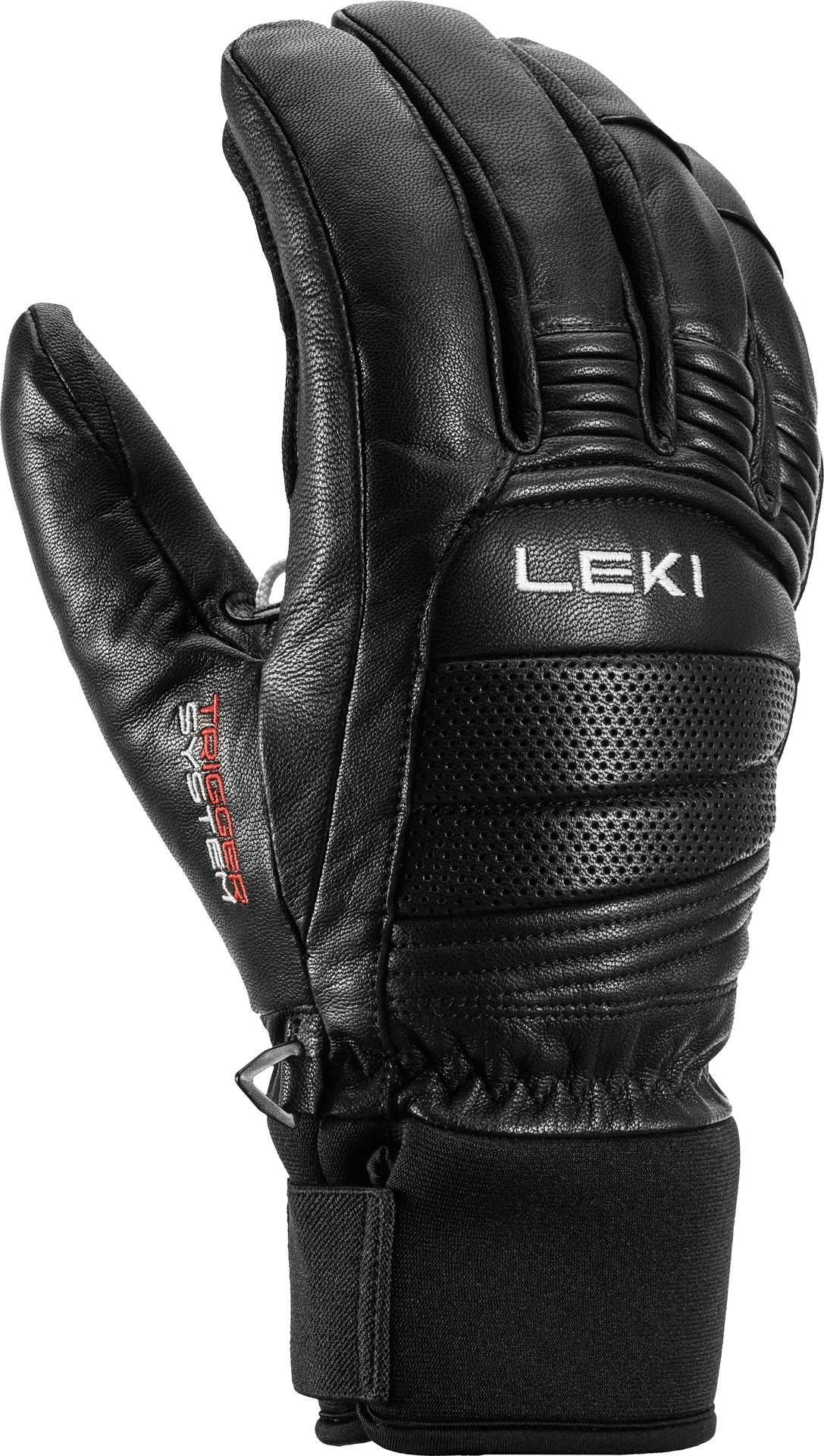 Detailaufnahme eines schwarzen Leki Copper 3D Pro Handschuhs, Leder mit Trigger System, Handfläche mit Logo.
