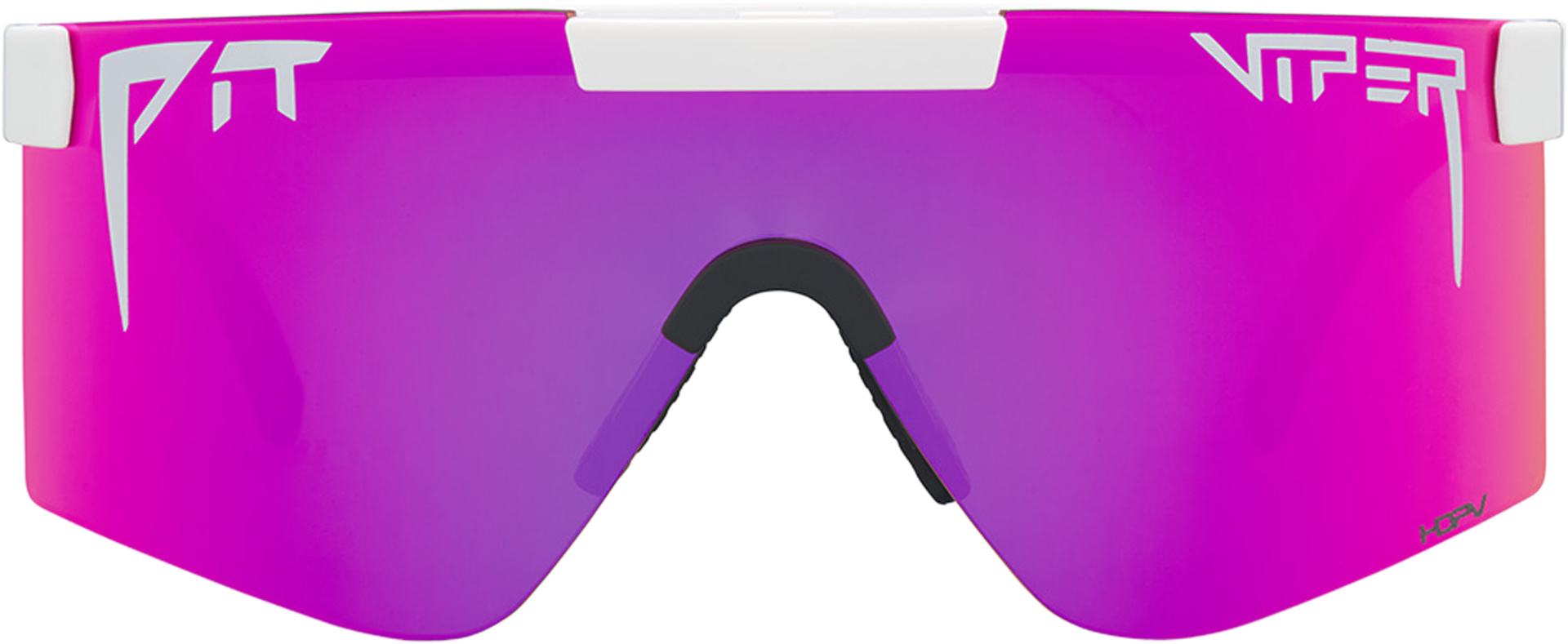Nahaufnahme: Pink polarisierte Pit Viper Sonnenbrille mit weißem Rahmen. Logos auf Gläsern.