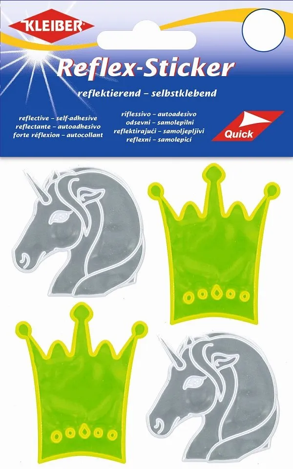 Kleiber Reflex Sticker Einhorn und Krone 4 Stück 4,5 x 5,5 cm Silber/Gelb