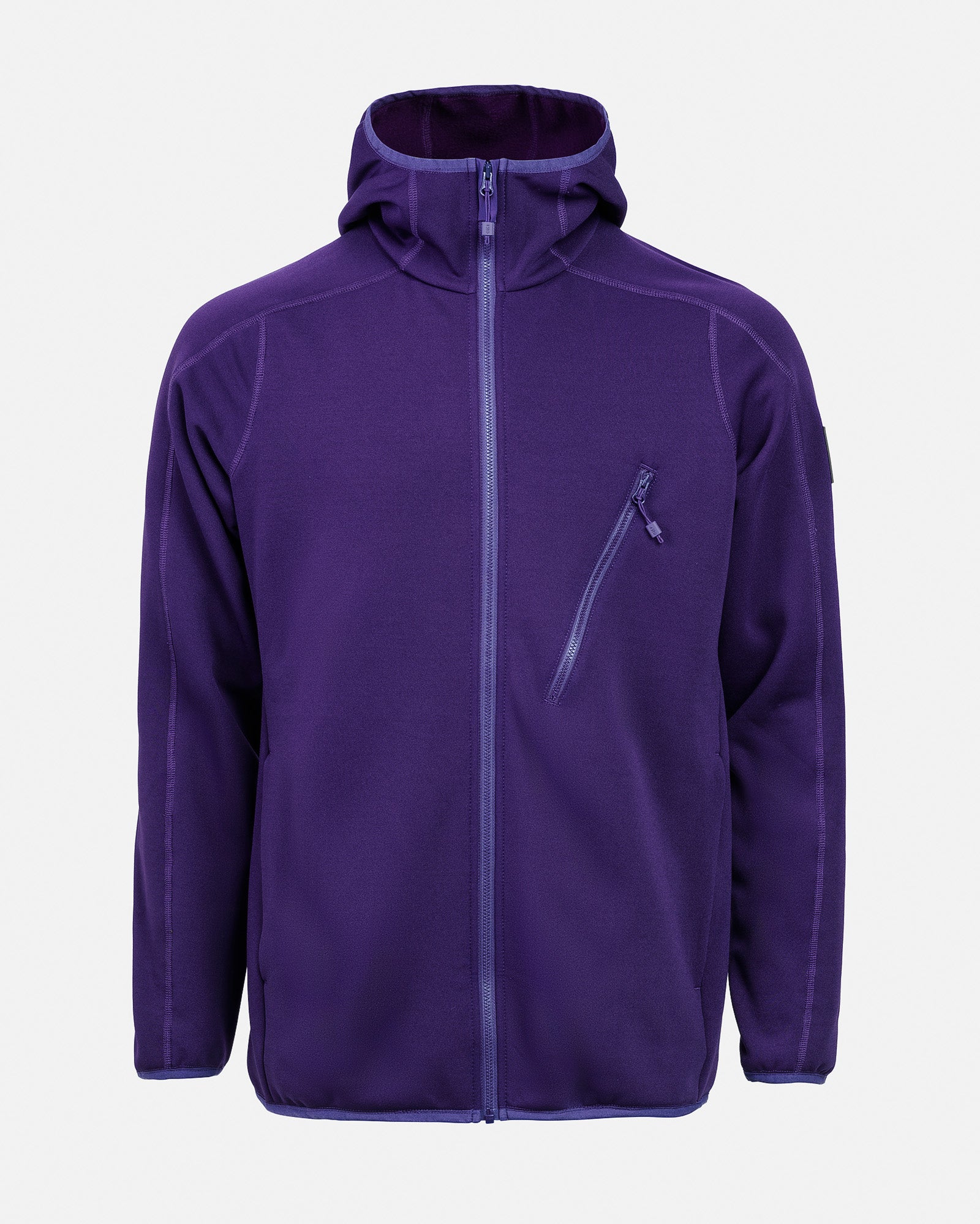 Lila M-7 Tech Fleece Hood mit Reißverschluss und Kapuze, Brusttasche mit Zipper.
