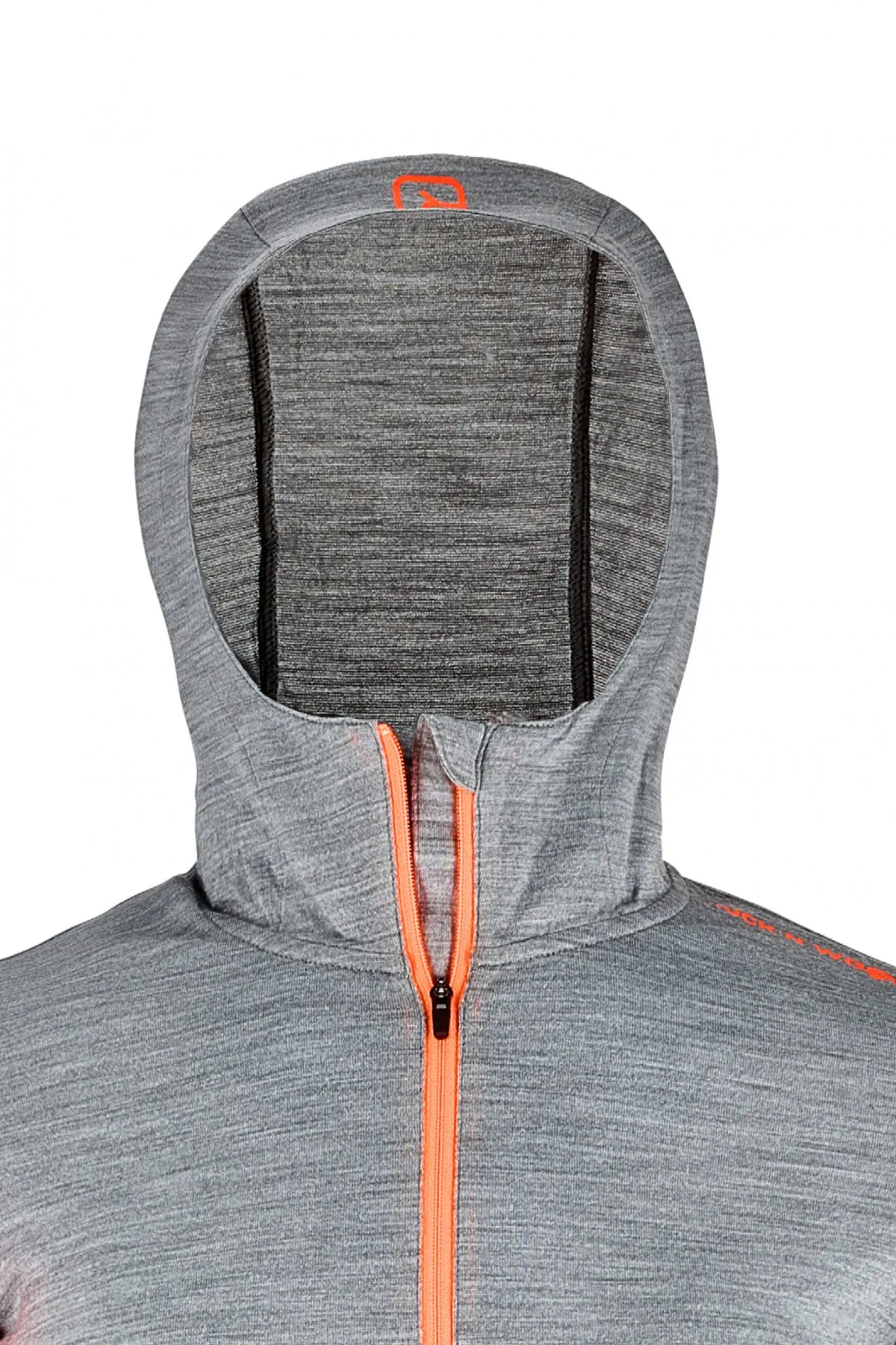 Grauer 185 R'N'W Overall, Detailansicht Kapuze und Reißverschluss. Orangefarbener Reißverschluss.