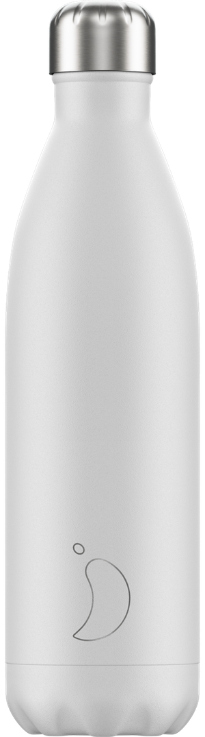 Weiße Chillys Trinkflasche Schlichte, weiße Chillys Trinkflasche mit silberfarbenem Deckel und filigranem Logo.