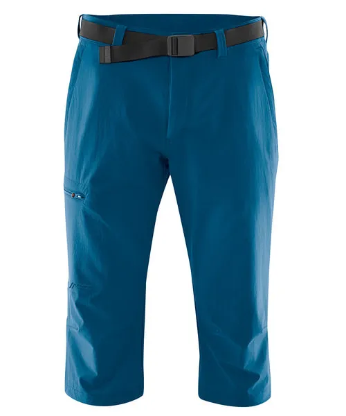 Blaue Outdoor-Hose "Jennisei M Ensign Blue" als Dreiviertelhose, mit schwarzem Gürtel, Taschen mit Reißverschluss.