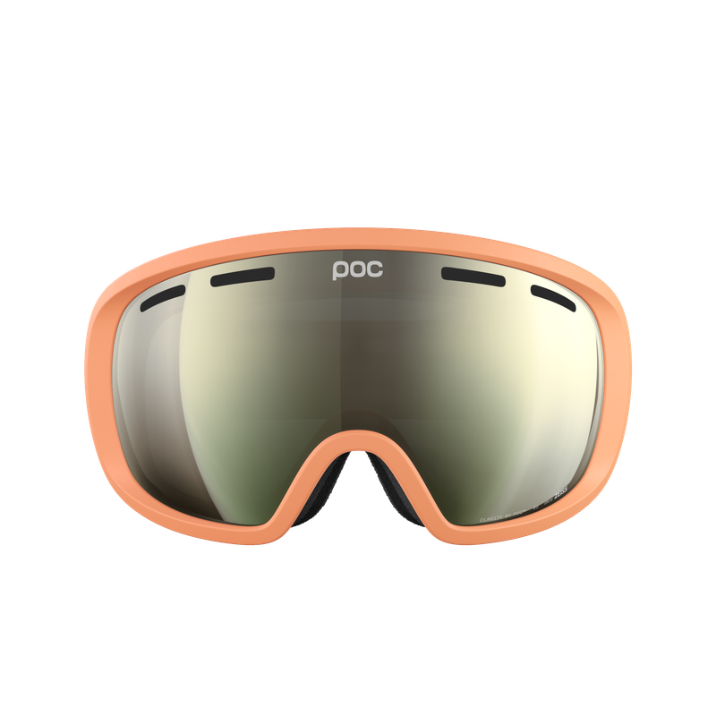 Pfirsichfarbene Skibrille mit verspiegelten Gläsern und schwarzem Innenfutter, frontal aufgenommen vor weißem Hintergrund.