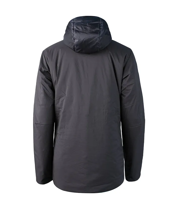 Rückenansicht der blauen Lenz Padded Jacket R2H 2.0 für Frauen mit Kapuze.