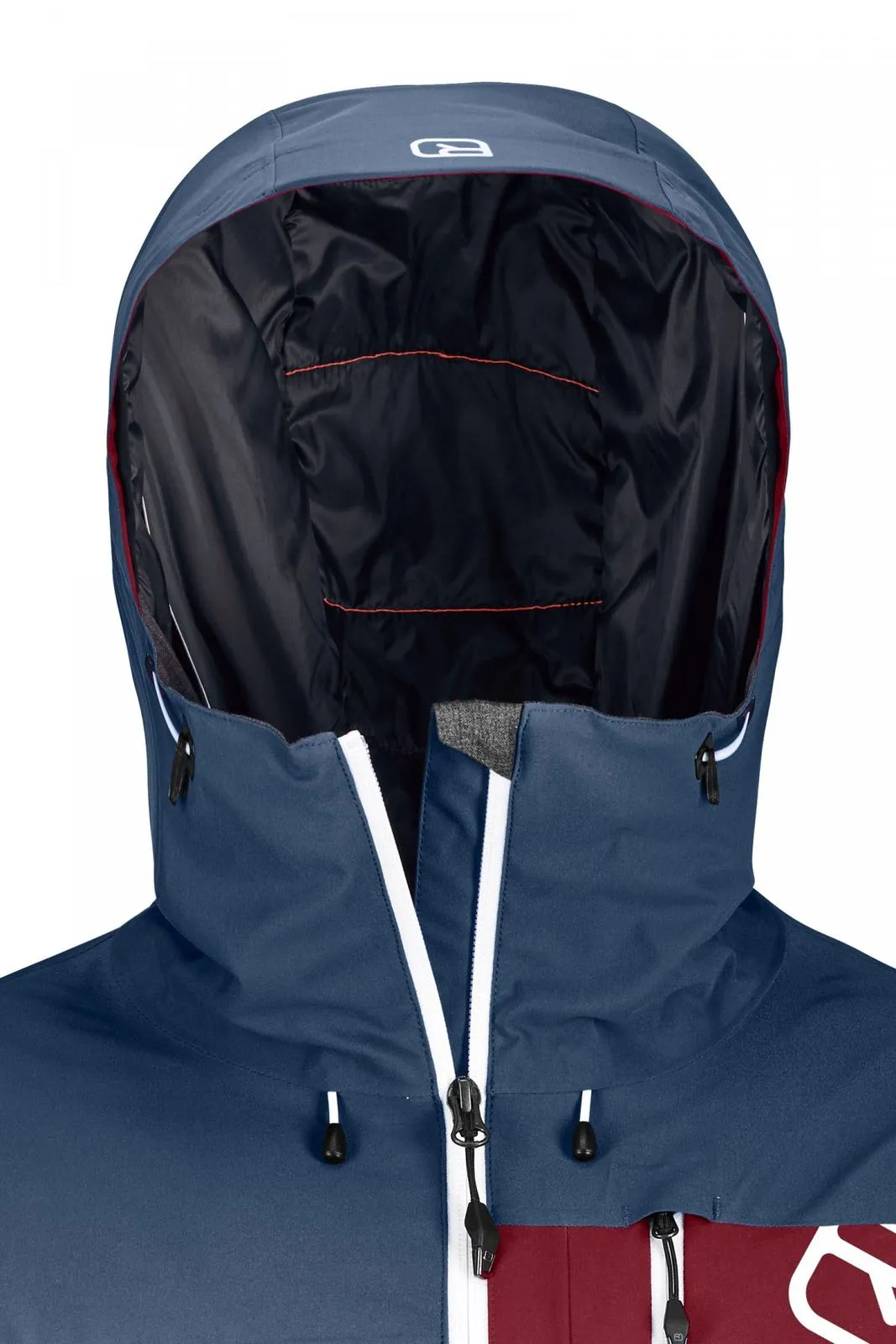 Detailaufnahme der Andermatt Jacket M in Black Steel mit Kapuze und Reißverschluss im oberen Bereich.