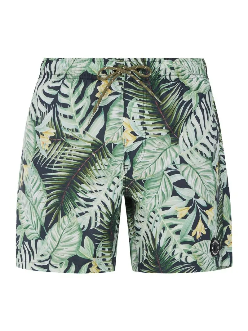 Badeshorts PRTGLORY in Grün mit tropischem Blättermuster, elastischem Bund und Kordelzug.
