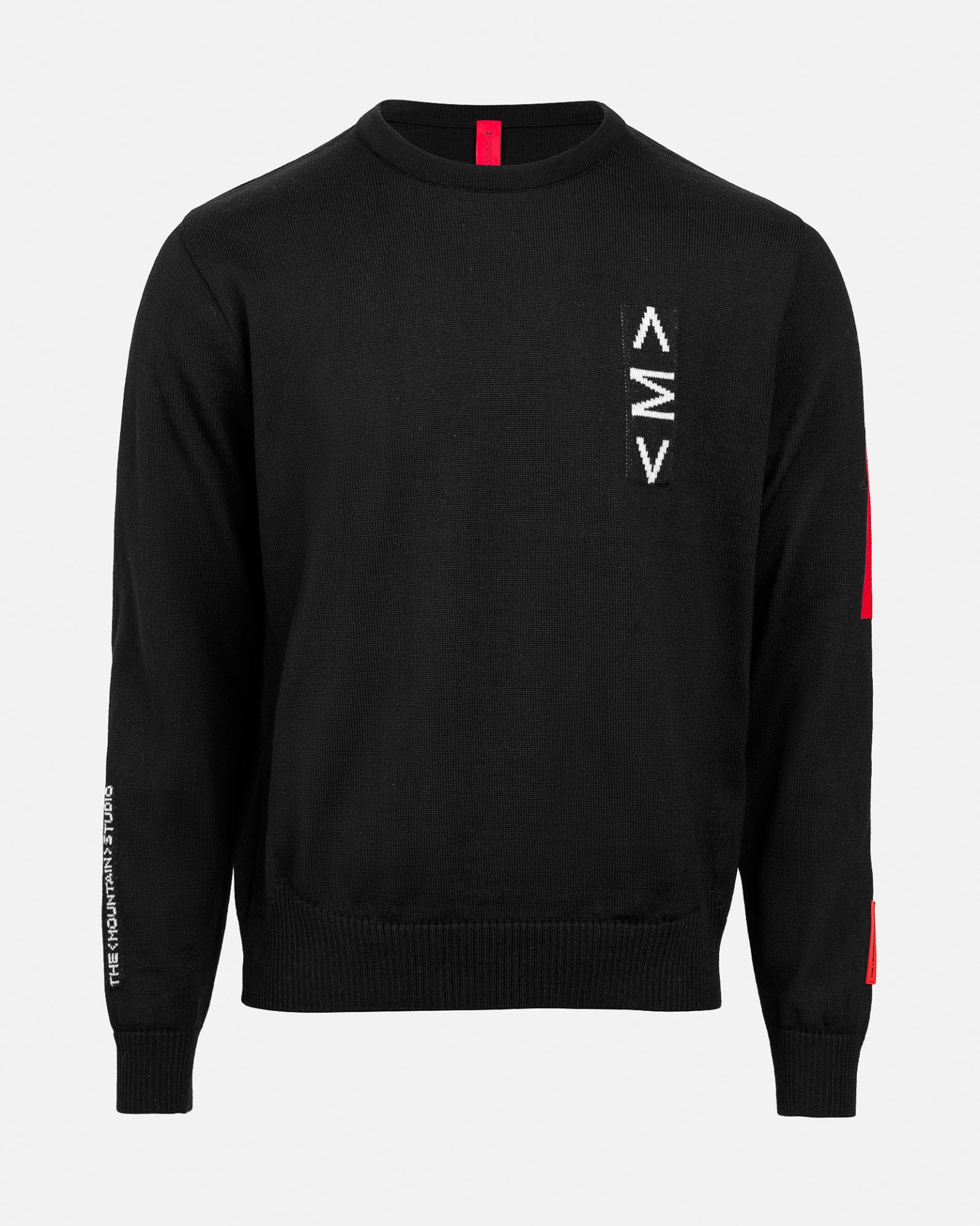 Schwarzer K-3 Ski Sweater mit Rundhalsausschnitt, weißem Intarsia-Muster und roten Akzenten an Ärmel und Kragen.