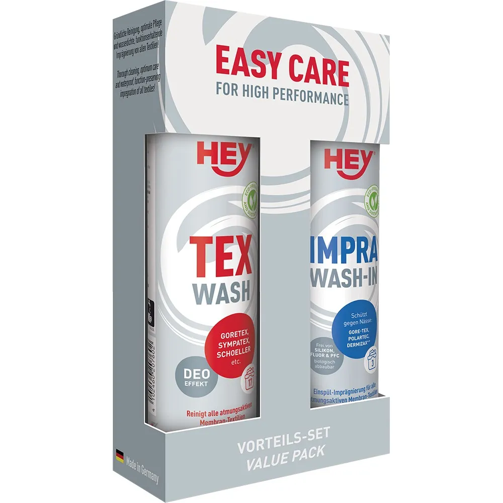 Verpackung von Hey Sport Tex Wash und Impra Wash-In für Funktionstextilien. Das Set verspricht Easy Care und hohe Performance.
