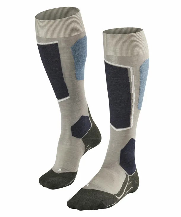 Zwei graumelierte Falke SK6 Skiing Kniestrümpfe, mit blauen und anthrazitfarbenen Akzenten und Polsterzonen.