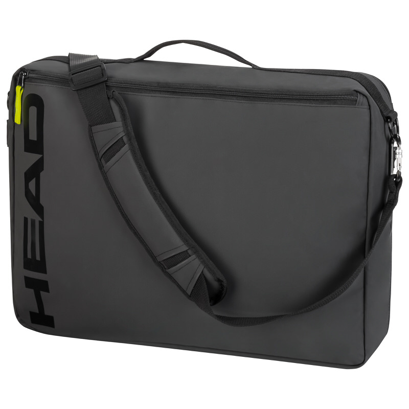 Graue Skischuhtasche mit Tragegriff, Schultergurt und schwarzem Head-Logo an der Seite.