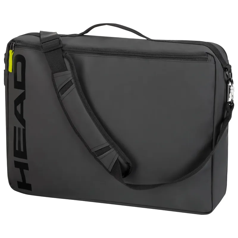 Graue Skischuhtasche mit Tragegriff, Schultergurt und schwarzem Head-Logo an der Seite.