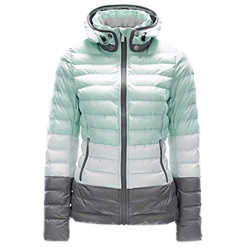 Mintgrüne Daunenjacke Mintgrüne Toni Sailer Margot Daunenjacke mit Kapuze und Farbverlauf von Weiß zu Grau.