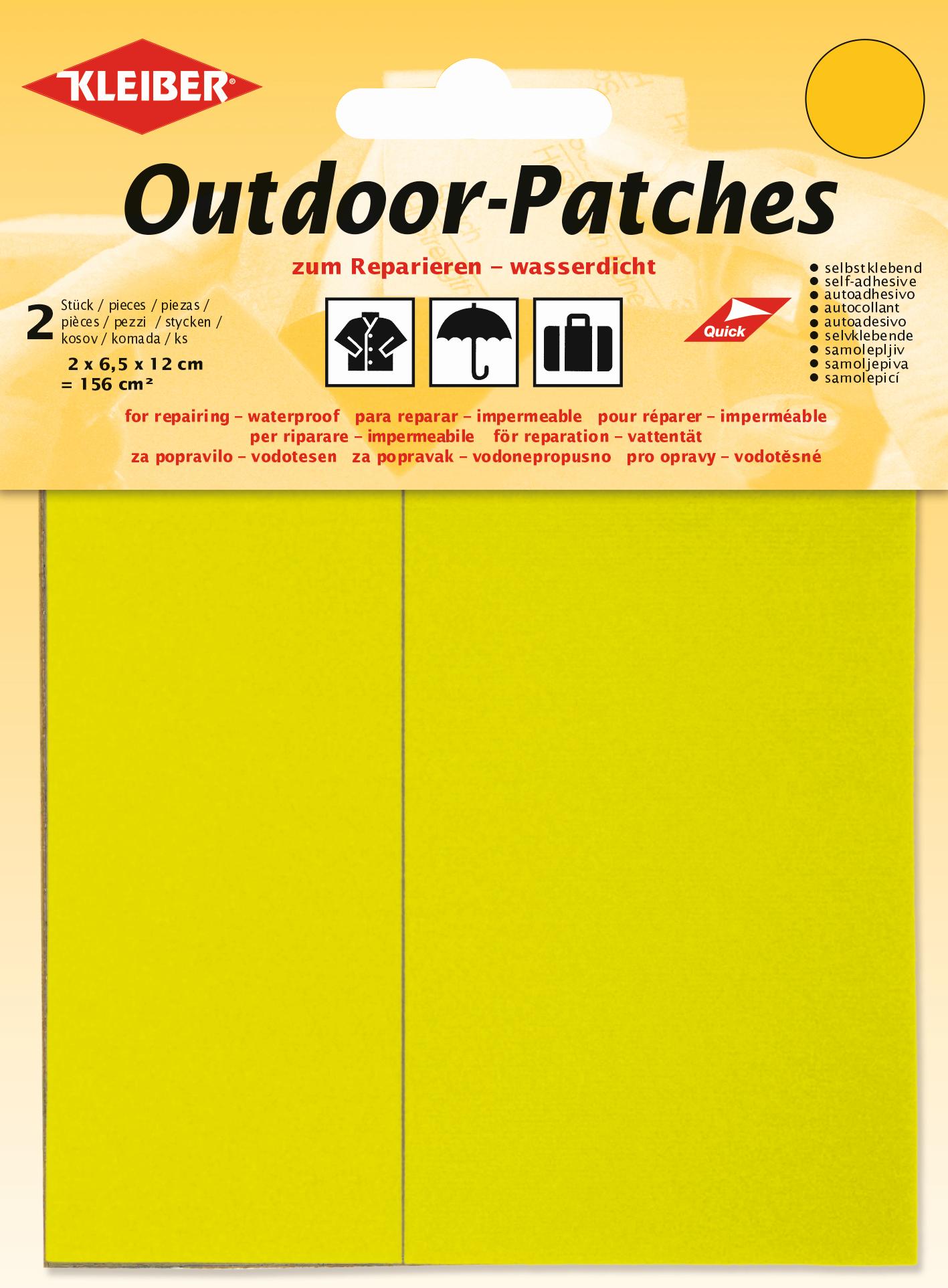 Verpackung gelber Outdoor-Reparaturflicken von Kleiber. Text, Piktogramme und Angaben zu Eigenschaften wie wasserdicht und selbstklebend.
