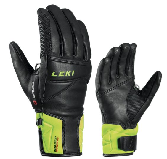 Leki Worldcup Race Handschuhe Zwei Leki Worldcup Race Speed 3D Handschuhe, Leder, schwarz mit gelben Akzenten.