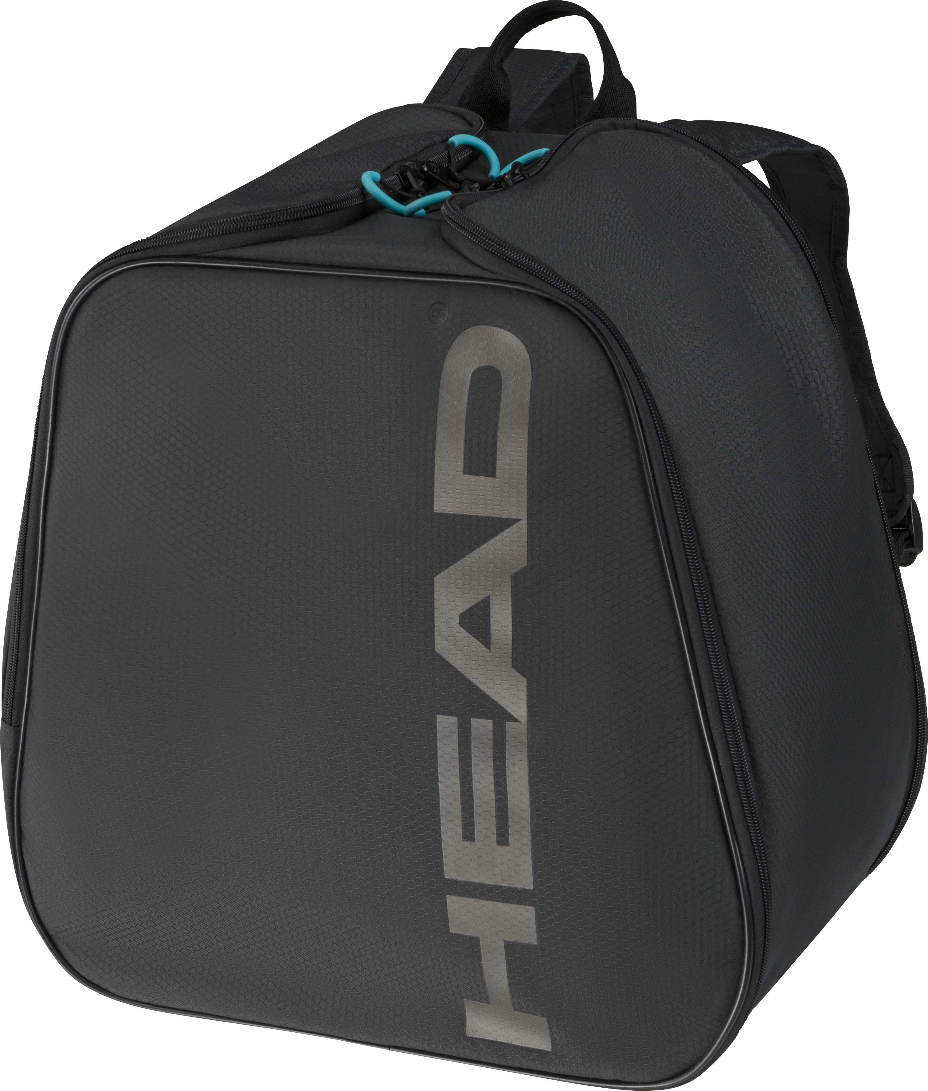 Schwarzer Boot Backpack 2026 Schwarzer Head Boot Backpack 2026 mit Tragegriffen und Reißverschlüssen, aufgedruckter Markenname.