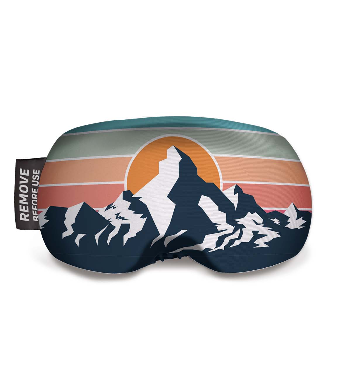 Skibrillenschutzhülle "Zermatt - Sol" mit Bergmotiv und Sonnensymbol, Band mit Aufschrift "Remove Before Use".