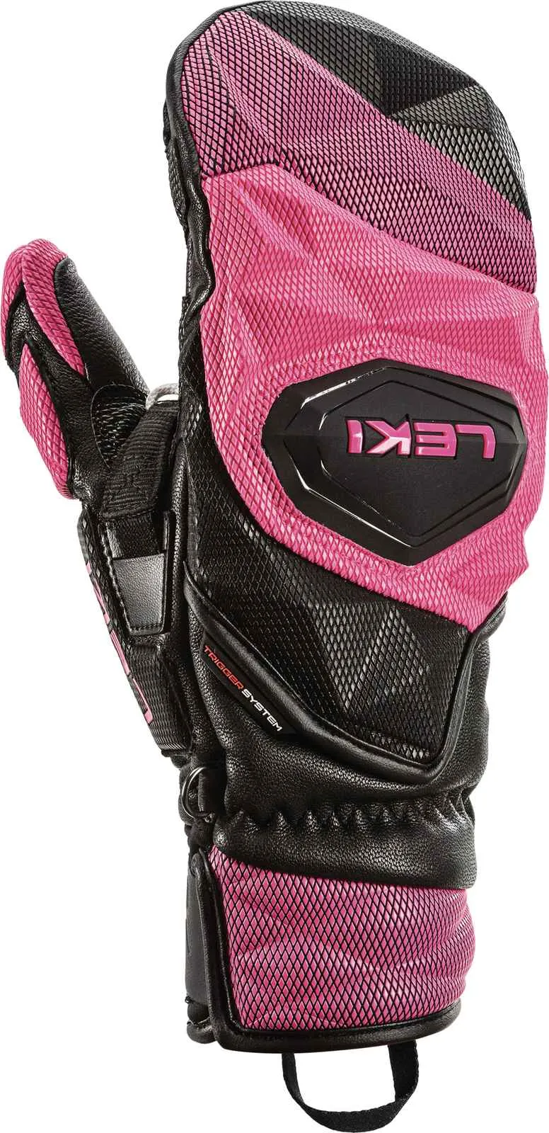 Nahaufnahme von einem Leki WCR Venom SL 3D Mitt in Pink und Schwarz. Das Leki Logo ist sichtbar.